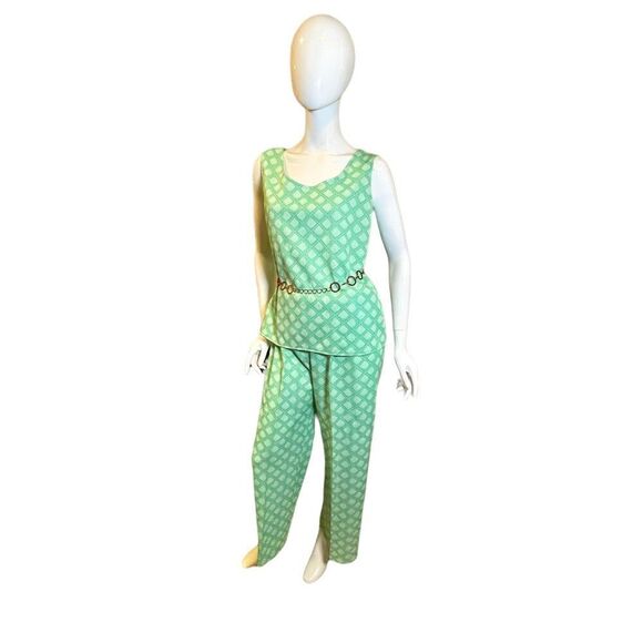 Vintage 1970s Geometric Knit Flare Leg Pants Medium Green - Picture 6 of 9